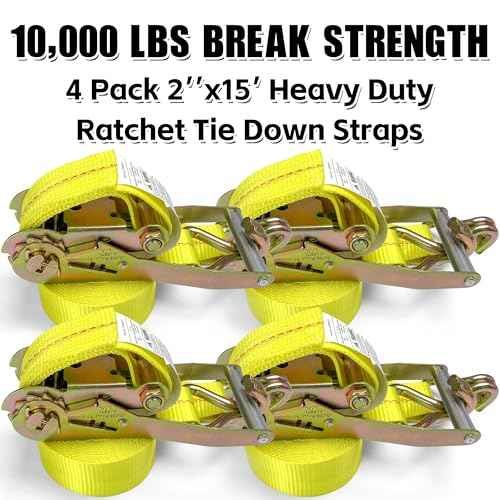 KJE Ratchet Straps Heavy Duty(4 Pack), 2" x 15' Ratchet Strap 10,000 Lbs Max Break Strength, Tie Down Ratcheting with J-Hook, Cargo Straps for Truck, Trailer, Moving Appliances