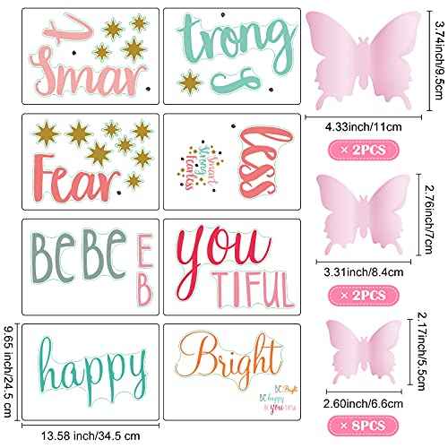 Chinco 20 Sheets Inspirational Quotes Wall Decals Stickers for Girls,12 Sheets Pink Pastel 3D Butterfly,Smart Strong Fearless,Be Bright Happy,Be You Tiful Sayings Art Stickers for Bedroom Living Room