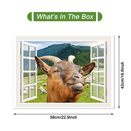 Vinyl Window Decals Funny Goat Wall Art Sticker Peel and Stick Removable 3D Window View Goat Fun Wall Mural Sticker for Kids Bedroom Playroom Office Art Room Decor