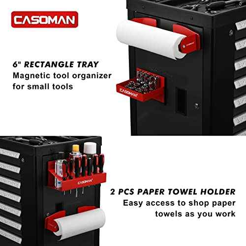 CASOMAN 4PCS Red Magnetic Toolbox Shelf, Tray, Paper Towel Holder, Variety of Use, Durable, Magnets Any Metal Surface