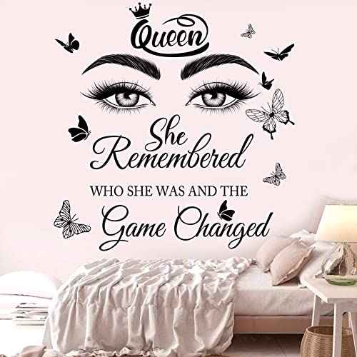 Inspirational Quotes Wall Decals Eyelash Eyes Wall Stickers Positive Lettering Saying Queen She Remembered Who She Was and the Game Changed Wall Art Sticker for Women Girls Bedroom Living Room Decor