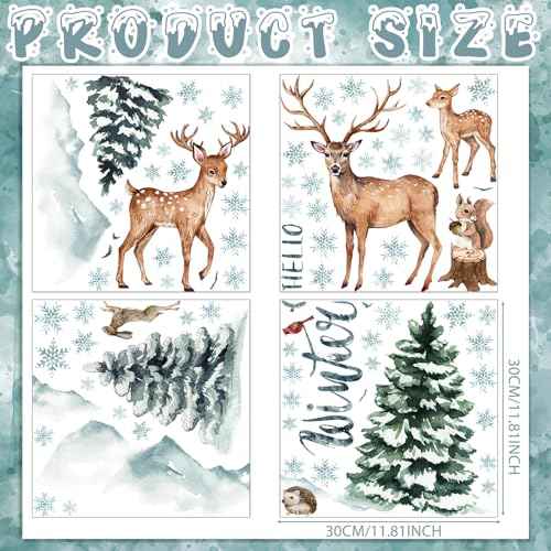 Kajaia Winter Christmas Forest Deer Wall Decals Stickers Woodland Pine Tree Animal Wall Decals Peel and Stick Snowflakes Rabbit Mountain Birds Stickers for Xmas Living Room Holiday Decor