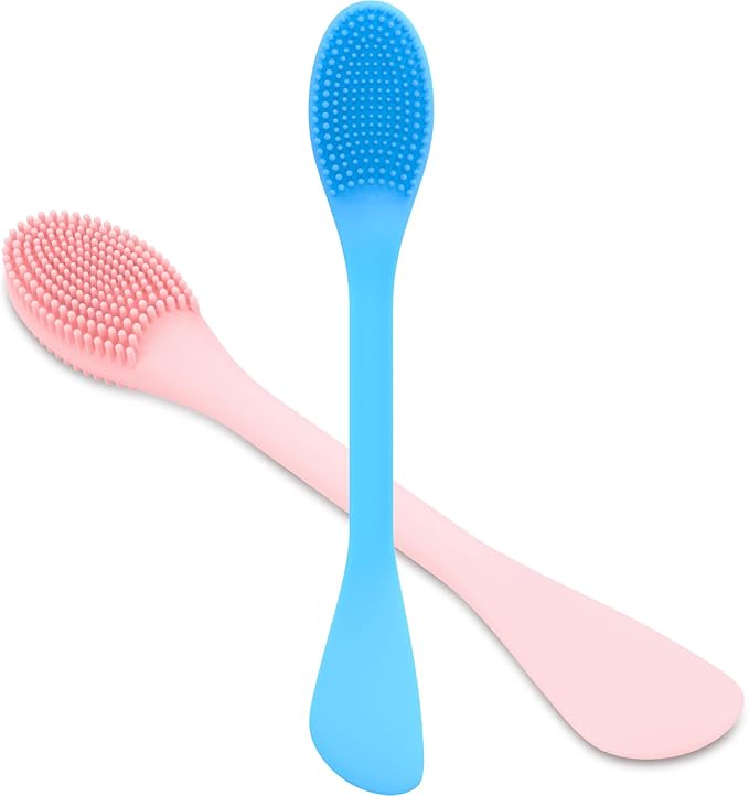 Silicone Facial Cleansing Brush - 2PC Double Ended Exfoliator for Deep Pore Cleaning, Blackhead Removal & Makeup Application - Soft, Hygienic & Waterproof Face Scrubber MassagerÃ¯Â¼ÂPink + BlueÃ¯Â¼Â