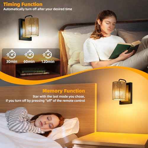 Battery Operated Wall Sconces Set of 2, Wireless Boho Rattan Wall Lights with Dimmable Bulbs, Remote & 12-Color RGB, Rechargeable Lamps for Bedroom, Living Room, Hallway Indoor Lighting