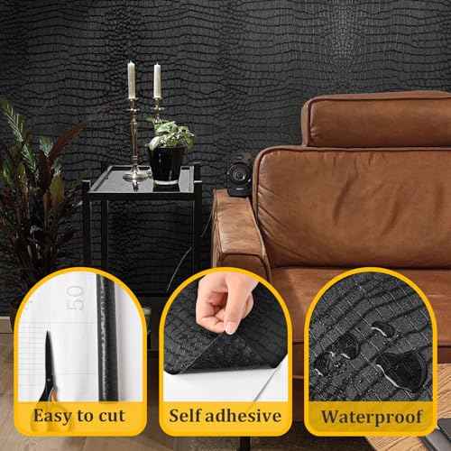 Black Peel and Stick Wallpaper 118inL 17.3inW Black Contact Paper for Cabinets Removable Textured Modern Crocodile Self Adhesive Wallpaper for Bedroom Bathroom Waterproof Leather Contact Paper