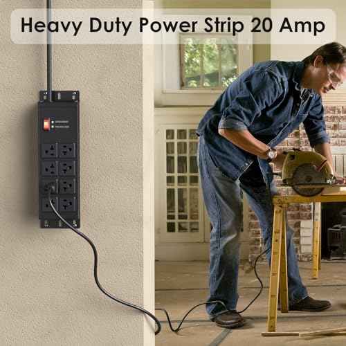 JUNNUJ Heavy Duty 20 Amp Surge Protector 4800J, Garage Metal 8 Outlets 12 Gauge, High Amp 5-15P Adapter Shop 6-20R T-Slot Industrial Outlet, 25 FT Extension Cord Commercial for Appliance