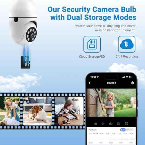 Light Bulb Security Camera, 5G& 2.4GHz WiFi 2K Security Cameras Wireless Outdoor Motion Detection and Alarm,Two-Way Talk,Color Night Vision,Human Detection, Camera Light Bulb Easy to Install