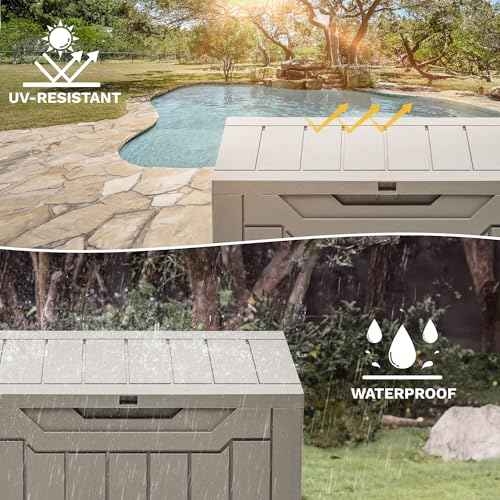 DWVO 30 Gallon Outdoor Storage Deck Box, Resin Patio Storage for Gardening Tools, Patio Cushions, Waterproof and Lockable (Light Brown)