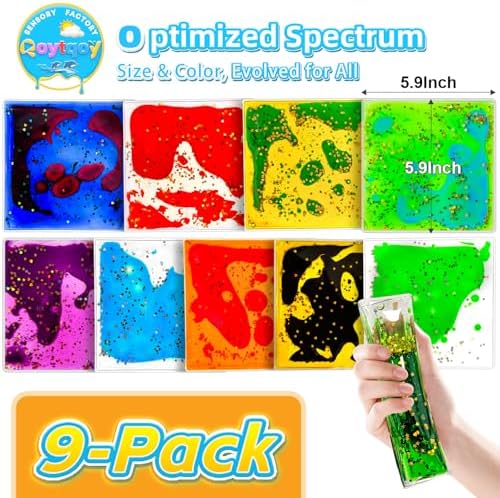 Squishy Liquid Sensory Gel Tiles 9 Packs - Square Sensory Fidget Toys for Stress Relief, Sensory Play & Portable Fun, Washable Sensory Floor Tiles for Kids in Home, Classroom, Travel