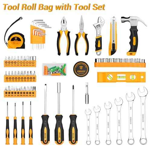 DEKOPRO Tool Roll Bag with Tool Set: Small Tool Roll Organizer Pouch Pocket Bag with Tool Kit Gifts for Men Heavy Duty Tool Storage Bags Pouches Mechanic, Electrician Tools