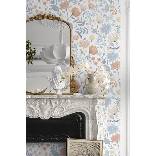 Yasinet Floral Wallpaper Removable Contact Paper Peel and Stick Wall Paper Boho Modern Pink and Blue Flower Wallpaper for Bedroom Bathroom Cabinets Self Adhesive Vinyl 17.3"x78.7"