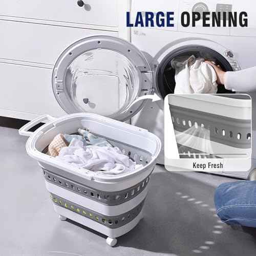 TECHMILLY Collapsible Plastic Laundry Basket Hamper with Wheels, 45L Portable Rubber Clothes Basket, Pop Up Storage Container/Organizer with Hanging Basket for Washing & Storage, Grey