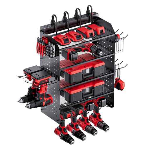 TRZZ Power Tool Organizer Wall Mount, 5-Layer Charging Station with 8 Outlets, 6 Drill Holders, 2 Side Pegboards, and Drill Bit Rack for Garage, Workbench, and Workshop (Black)