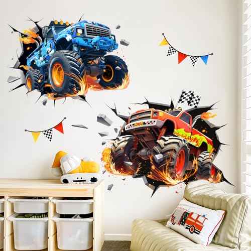 3D Crazy Racing Wall Decals, Truck Vehicles Wall Stickers Ball Games Peel and Stick Decal Self Adhesive Sticker for Boys Kids Room Home Decor