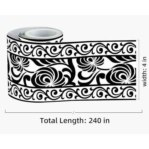 FLFK Mirror Border Peel and Stick - Black and White Wallpaper Borders Decal Trim Floral Pattern 4" x 240"
