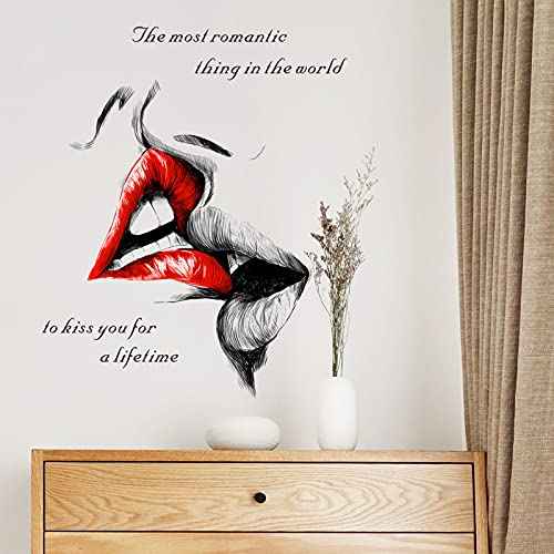 COKOYY Sexy Red Lips Kiss Wall Decals, Kiss You for a Lifetime Quotes Wall Stickers, Kissing Lips Fashion Silhouette Mural, Removable DIY Vinyl Decor Wallpaper for Bedroom, Living Room, TV Wall