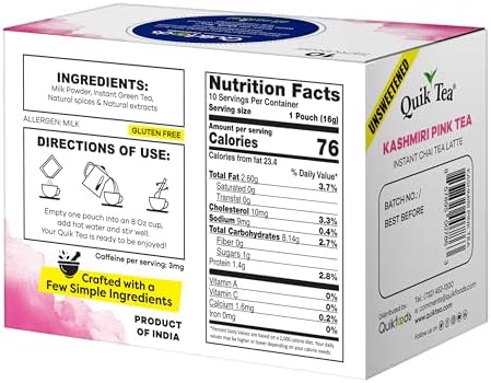 QuikTea Instant Unsweetened Kashmiri Pink Chai Tea Latte – 10 Count, Natural Pink Color with Hearty Spices Extracts, Low Caffeine, No Artificial Colors, Flavors or Preservatives – Just Add Hot Water