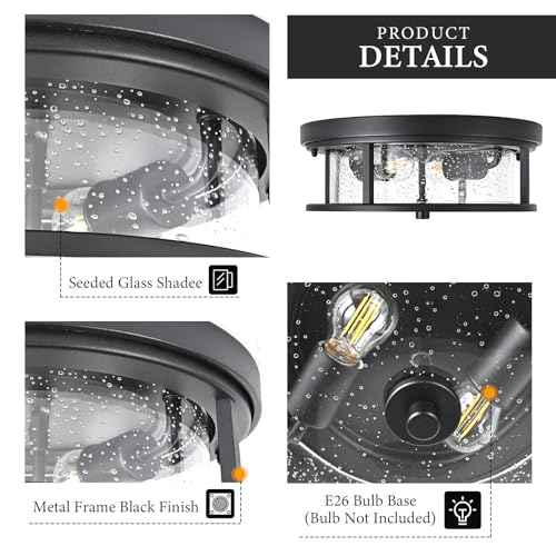 Black Ceiling Light Fixtures Flush Mount Light, 2 Bulb with Glass Flush Mount Ceiling Lights Fixture Bedroom, Indoor Outdoor Ceiling Lights for Porch Hallway Kitchen