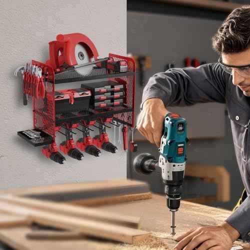 Power Tool Organizer Wall Mount Heavy Duty, 3 Tier 4 Drill Holder 17 Inch, Tool Holder and Storage Rack for Garage Organization (Red)