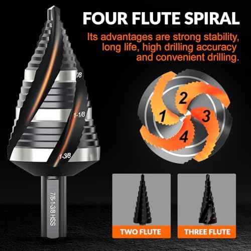THINKWORK Four Spiral Flute Step Drill Bit, HSS Step Drill Bit3/16-1-3/8 (3 Popular Sizes) Unibit Step Drill Bit, 1/4" Shank Step Bits for Aluminum, Wood, Plastic, Metal