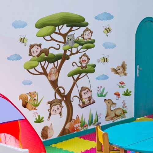 66.14 x 57.48 Inch Large Jungle Green Tree Wall Stickers Wild Monkey on The Tree Branches Wall Decals DIY Safari Sika Deer Owls Squirrels Grass Animals Decor for Kids Baby Bedroom Living Room Nursery
