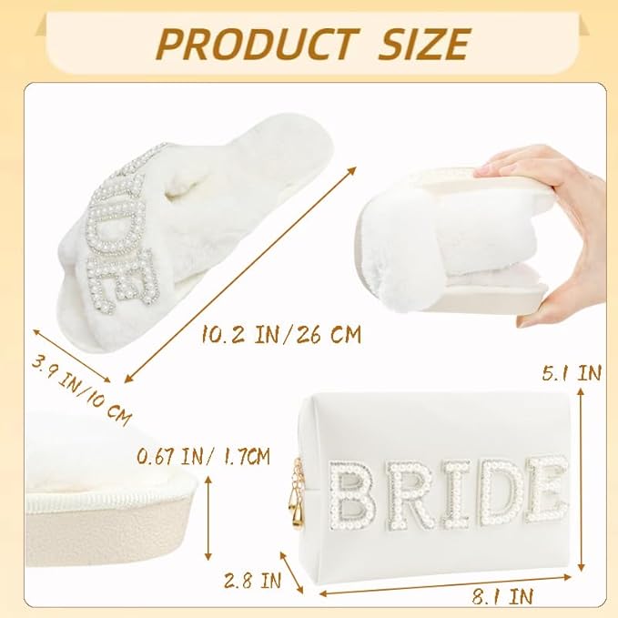 Bridal Shower Gifts, Bride to Be Letter Makeup Bag with Pearl Rhinestone Fuzzy Bride Slippers Wedding Engagement Gifts for Her, Bachelorette gifts