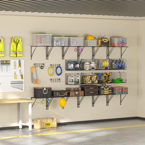 2 Pack Garage Shelves Wall Mounted with Wire baskets, Heavy Duty Garage Wall Shelving with Hooks, Wire Shelf Baskets Tool Organizer for Home Garden Garage Organization and Storage