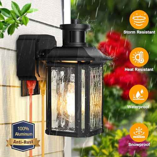 Porch Lights with GFCI Outlet, Dusk to Dawn Motion Sensor Outdoor Lights with E26 Sockets & Glass Shades, Waterproof Anti-Rust Sconce Light, Outside Wall Lamps for House, Black