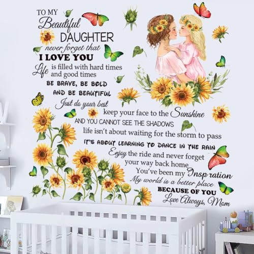Inspirational Quote Decal for Daughter - Removable Peel & Sticker Vinyl Wall Sticker, Floral Theme for Bedroom, Playroom, Living Room - Yellow