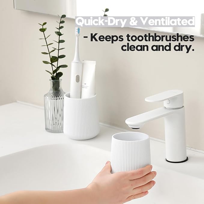 YAUKPH White Striped Toothbrush Holder for Electric Toothbrushes Bathroom Organizer Cup for Toothpaste Kids & Adults