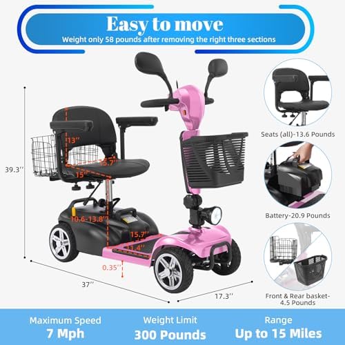 15-45 Miles Ecomobi MS02 4 Wheels Mobility Scooter for Adults/Seniors, 350W Powered Electric Wheelchair Device w/15Ah-25Ah Extended Battery, Dual Baskets/Rotating Seat, Compact Duty Mobile for Elderly