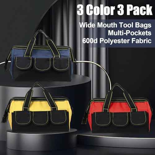 3 Pack Wide Mouth Tool Bag, 13 Inch Waterproof Power Tools Organizer Heavy Duty Drill Bag Electrician Tool Tote for Professionals, Construction Electricians Carpenter and DIY Enthusiasts