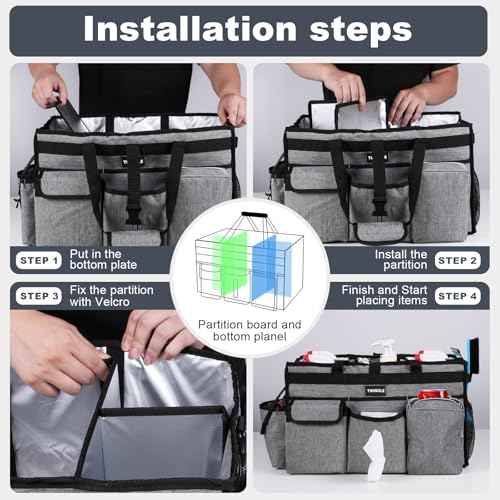 Large Cleaning Caddy Bag with Rigid Support Board, Cleaning Organizer Tote with Detachable Divider, Adjustable Shoulder Strap & Waist Belt, Cleaning Supply Carrier for Cleaners & Housekeepers