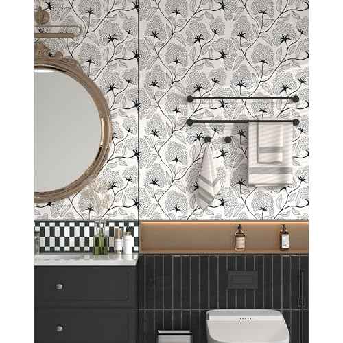 Peel and Stick Wallpaper Boho Contact Paper 17.3¡±x78.8¡± Black and Beige Modern Wallpaper Self Adhesive Removable Floral Wall Paper for Bathroom Art Decoration Wallpapers Bedroom Kitchen Vinyl