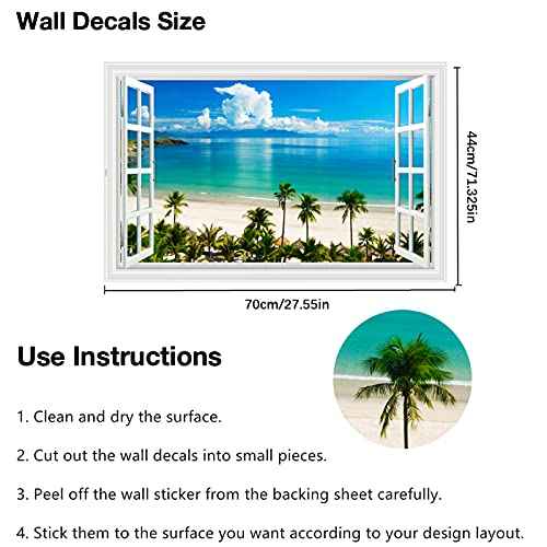 Kiddale Fake Windows Wall Sticker, Removable 3D Beach Seascape Faux Windows Wall Decals for Bedroom Living Room Decoration,27.5"x18"