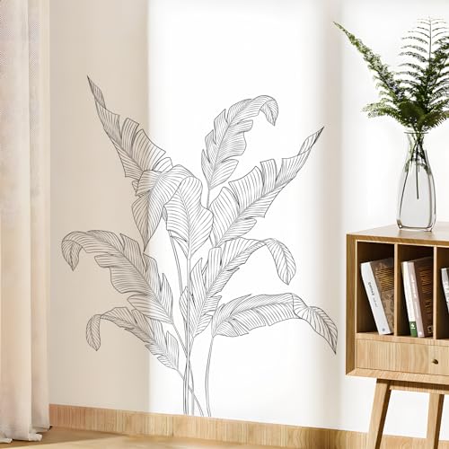 Supzone Simple Tropical Plants Wall Stickers - Black and White Sketch Palm Leaves Decals, Minimalist Line Art Decor for Bedroom, Living Room, Kitchen, Sofa, TV Backdrop Decoration