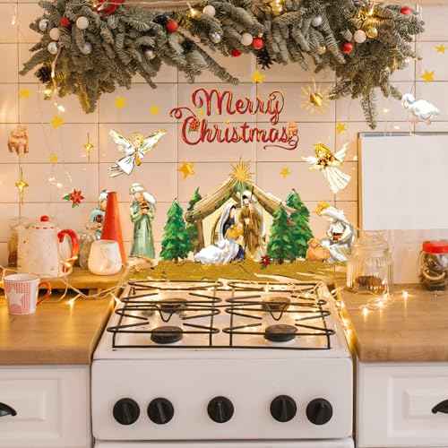 Christmas Wall Stickers Nativity Scene Wall Decals Large Holy Night Room Mural Stickers for Home Party Decor, 9.8 x 13.8 Inch, 4 Sheets