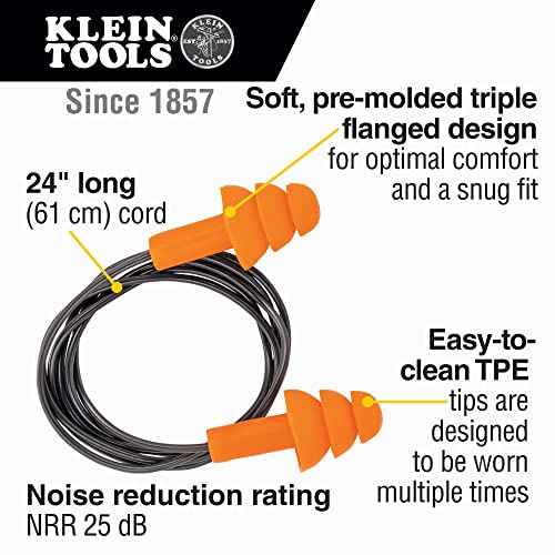 Klein Tools 6050350 Corded Earplugs, 25dB NRR, Reusable Orange Ear Protection in Dispenser for Construction, Loud Noise Reduction, 50-Pack