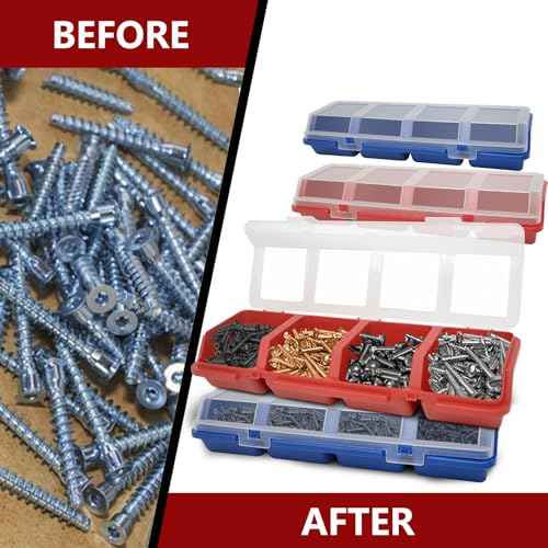 4 Pcs Screw Nail Organizers and Storage Bins with Lids, Stackable Plastic Divided Small Parts Storage Organizer for Garage Craft Tool, Tool Cart Cabinet Divided Drawers Organizers Storage