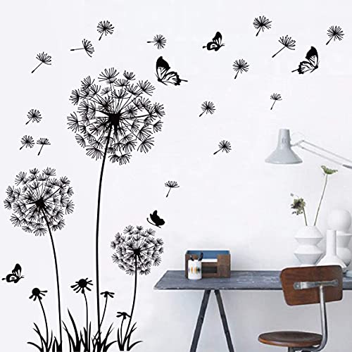Runtoo Black Dandelion Wall Art Stickers - Large Flower Butterfly Wall Decals for Bedroom & Living Room