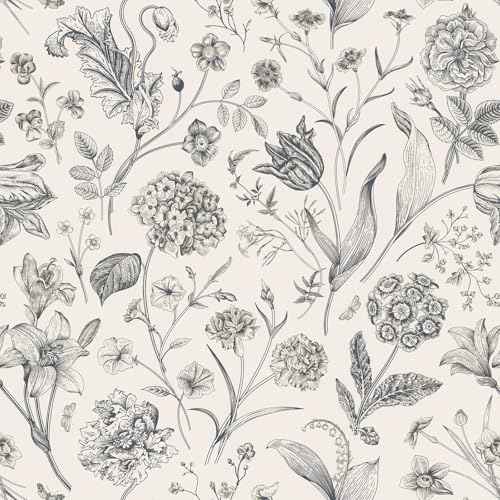 Black and Beige Peel and Stick Wallpaper Botanical Contact Paper 16.9inch x 118.1inch Floral Wall Paper Peel and Stick for Bathroom Bedroom Removable Self Adhesive Wallpaper Decor Vinyl