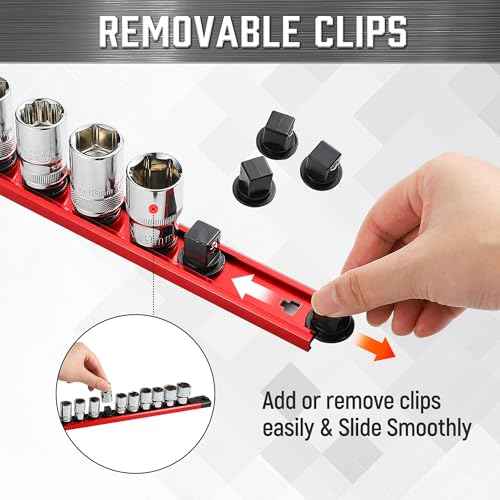 ALOANES 3-Piece Magnetic Socket Organizer, Heavy Duty Aluminum Socket Rails Organizer, 360¡Æ Swivel Clips Socket Holder Kit for Tool Box, 1/2, 3/8, 1/4-Inch Socket Holder x 40 Clips (Red)