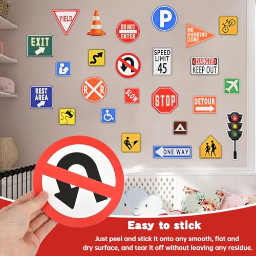 Road Signs Room Decor, 25 Pieces Traffic Sign Wall Stickers, Street Transportation Decals for Kids Bedroom Classroom Playroom Nursery Decoration