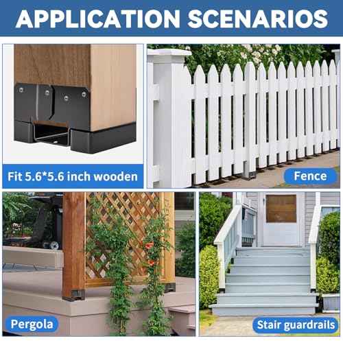 6x6 Post Base 6 PCS Post Bracket Inner Size 5.6"x5.6" Heavy Duty Metal Fence Post Anchor, Black Post Base for Concrete for Wood Deck Pergola Porch Railing Mailbox Support