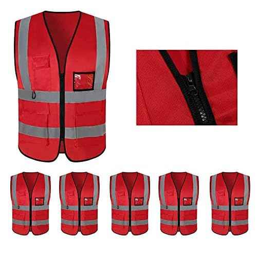 5 Pack Reflective Safety Vest for Women, Men High Visibility Reflective Vest with 5 Pockets Neon Red