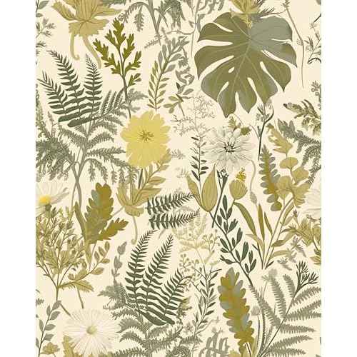 Peel and Stick Wallpaper Boho Bathroom Wallpaper Green/Yellow/Beige Wall Paper 17.7"x118" Removable Self Adhesive Contact Paper Tropical Botanical Floral Fern Leaves Wall Mural