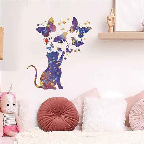 Fantasy Starry Sky Cat Butterfly Wall Stickers,sacinora Cartoon Kitten Animal Wall Decals Removable Vinyl Peel and Stick for Living Room Nursery Children's Room Bedroom Art Decorations