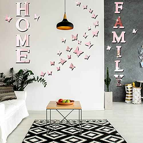 Outus 3D Family Home Sign Letters Living Room Decor Family Rustic Farmhouse Wall Decor Acrylic Mirror Decorative Butterfly Mirror Wall Sticker Decals for Living Room Bedroom Kitchen (Rose Gold)