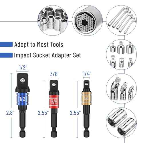 Bates- Socket Adapter Extension Set with Right Angle Drill Attachment, 4 pcs, 1/2" 1/4" 3/8" Impact Socket Adapter Set, 105 Degree Right Angle Drill Adapter, Screwdriver Drill Bit Set
