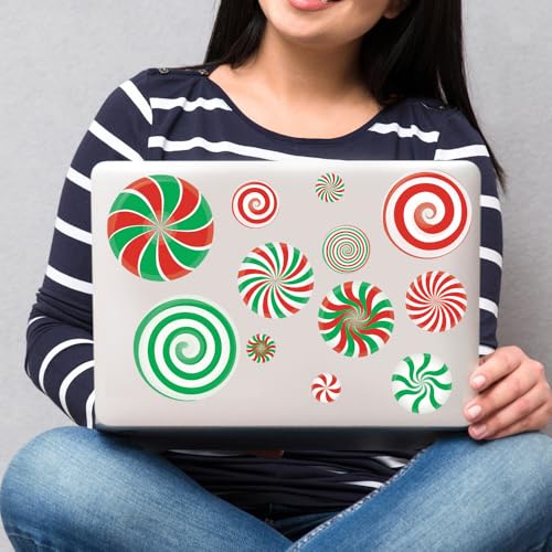 Christmas Holiday Decorations, Red and Green Swirl Candy Cane Peppermint PVC Wall Decals, 64 Pieces